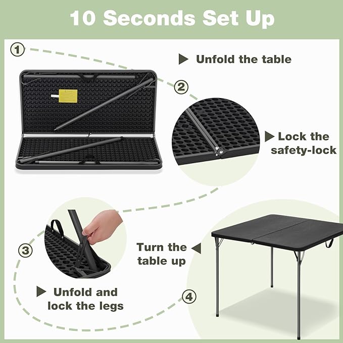 34" Square Folding Table for 4 Person, 330lbs Weight Capacity Foldable Table with HDPE Tabletop & Heavy-Duty Steel Legs, Large Portable Picnic Table for Indoor Outdoor Parties, Camping, Black