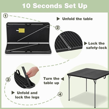 34" Square Folding Table for 4 Person, 330lbs Weight Capacity Foldable Table with HDPE Tabletop & Heavy-Duty Steel Legs, Large Portable Picnic Table for Indoor Outdoor Parties, Camping, Black