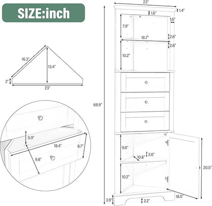 Storage Corner Cabinet with 3 Drawers and Door, Tall Line Pantry Home Space Saver for Bathroom, Living Room, Kitchen, Adjustable Shelf, Black