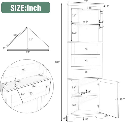 69" H Tall Corner Cabinet with Adjustable Shelves and Drawers, Storage Bookshelf Space Saver for Bathroom or Kitchen, Green