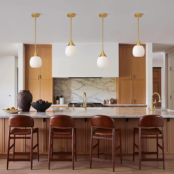Kitchen Island Pendant Light: Mid Century Brushed Gold Hanging Light Fixtures with Milky Glass Globe - 6 Inch Farmhouse Chandeliers Ceiling Lighting for Dining Room