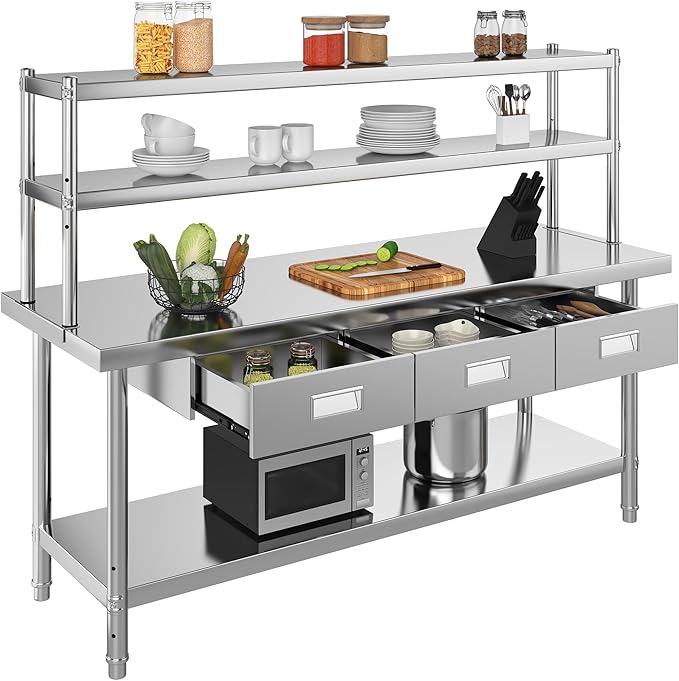 YITAHOME 72"x24" Stainless Steel Work Table with 3 Drawers & Upper Shelf, NSF-Certified Commercial Metal Table with 72"x12" Overshelf, Utility Prep Station