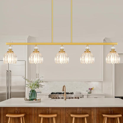 Gold Island Light for Kitchen, 5-Light Linear Chandelier for Kitchen Island with Tulip Glass Shades, Brushed Gold Finish Hanging Light Pendant Fixture Over Dining Table