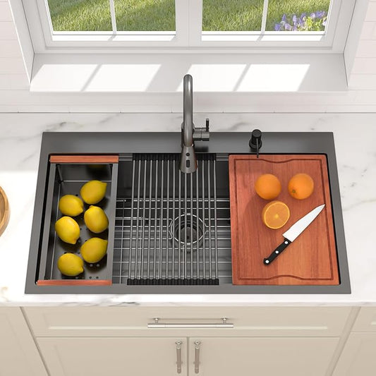 Dcolora 36 Inch Black Kitchen Sink,Drop In Kitchen Sink With Faucet Topmount Large Stainless Steel Workstation Single Bowl Nano Coating Surface Gunmetal Black, DC-SFDOE00006