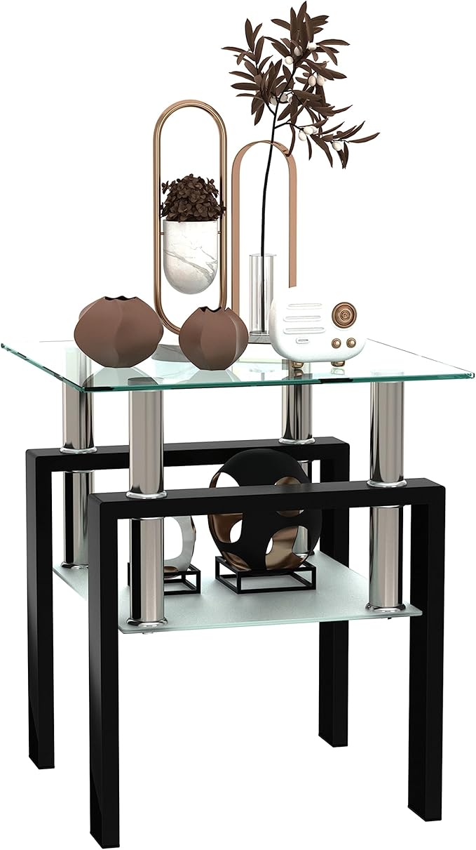 Glass End Table, Glass Side Table with Tempered Glass Top & Metal Legs, Living Room Table Modern Square Tea Table Side Tables 2-Layer for Living Room Bedroom