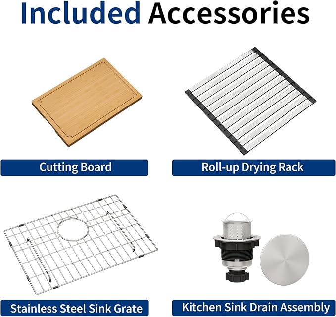 LQS 23 Inch Undermount Kitchen Sink, 16 Gauge Stainless Steel Undermount Kitchen Sink, 10" Smart Workstation Ledge With Abundant Accessories, R10 Corner and X-Shaped Drain Line