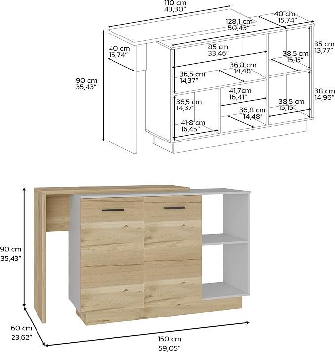 GOWE Kitchen Island, Double Door Cabinets, Two External Shelves, Three Shelves, White/Light Oak