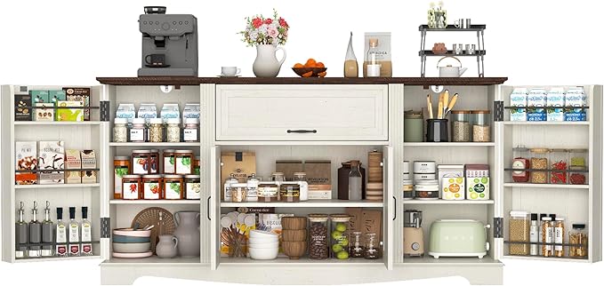 65" Sideboard Buffet Cabinet with Storage, Farmhouse Kitchen Pantries Sideboard Cabinets with Drawer, Wood Coffee Bar Cabinet with Adjustable Shelves, Storage Cabinets for Kitchen, Antique White
