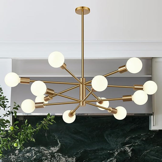 MQMQA Sputnik Chandeliers Dining Room Light Fixture (12-Light, 33-Inch), Modern Brushed Brass Chandelier, Height Adjustable Mid Century Modern Chandeliers for Dining Room Kitchen (Bulbs not Included)