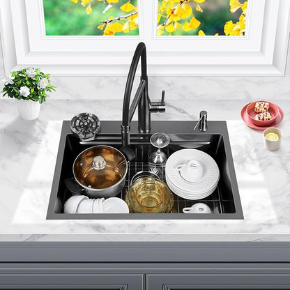 FRANIC 26" Handmade Black Bar Workstation Sink, 26" x 18" x 8" Stainless Steel Matte Nano Black Topmount Single Bowl Small Kitchen Outdoor Sink