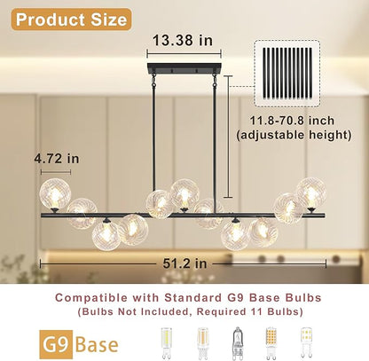 Linear Chandeliers for Dining Room, 51" Dining Room Light Fixture with Clear Swirled Glass Globe 11 Lights Black Sputnik Chandelier Bubble Large Chandelier Modern Farmhouse Island Light