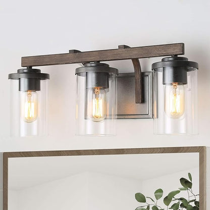 LALUZ Bathroom Vanity Light Fixtures, 3-Light Farmhouse Vanity Light with Clear Glass Shades, Faux Wood, 20’’ L x 6.3’’ W x 8.7’’ H