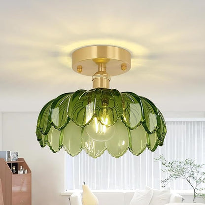 Shenmoyl Semi Flush Mount Gold Vintage Lights Fixture with Green Peony Glass, Bulb Included, 4.72" Base Modern Ceiling Light for Kitchen, Bedroom