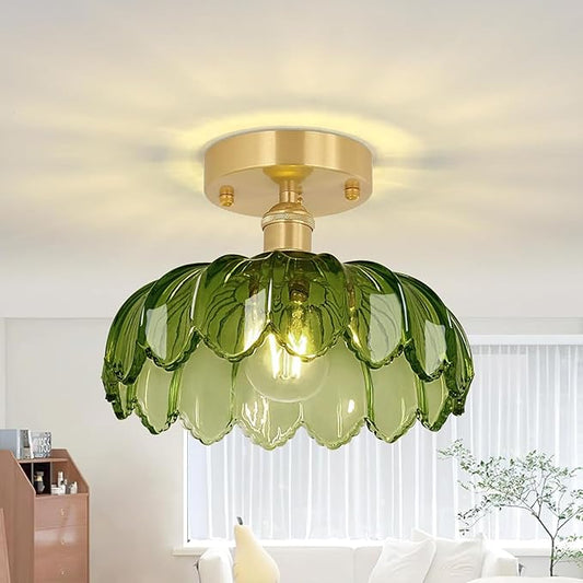 Shenmoyl Semi Flush Mount Gold Vintage Lights Fixture with Green Peony Glass, Bulb Included, 4.72" Base Modern Ceiling Light for Kitchen, Bedroom