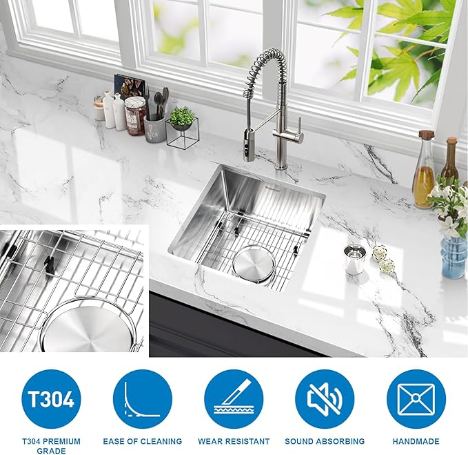 15x15 Inch Bar Sink Undermount, 18 Gauge Stainless Steel Small Kitchen Sink, Handmade Single Bowl Wet Bar Sinks with Rinse Grid (Brushed)