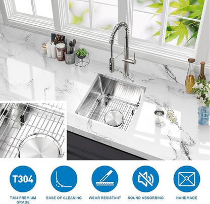 15x15 Inch Bar Sink Undermount, 18 Gauge Stainless Steel Small Kitchen Sink, Handmade Single Bowl Wet Bar Sinks with Rinse Grid (Brushed)