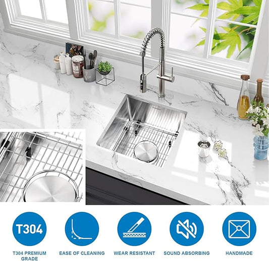 15x15 Inch Bar Sink Undermount, 18 Gauge Stainless Steel Small Kitchen Sink, Handmade Single Bowl Wet Bar Sinks with Rinse Grid (Brushed)