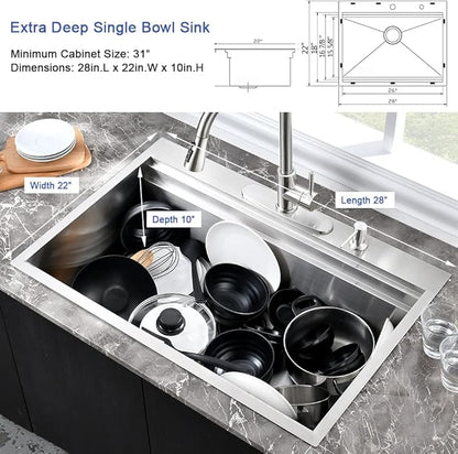 Stainless Steel Kitchen Sink Drop In-Hovheir 28x22 Drop In Top Mount Kitchen Sink Workstation Sinks 16 Gauge Stainless Steel Single Bowl Deep Sinks Overmount Basin with Cutting Board