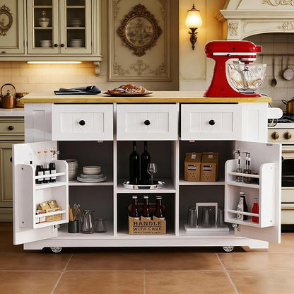 Family-Friendly Rolling Kitchen Island, Mobile Kitchen Cart with Storage, Natural Wood Countertop, Lockable Wheels, Spice & Glass Rack.