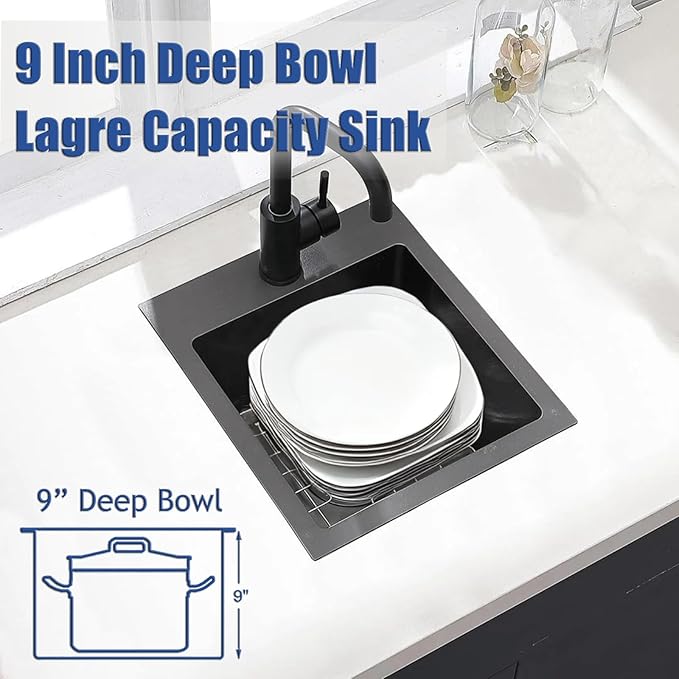 Hotis Black Drop In Bar Sink, 15x15 Small Kitchen Sink Single Bowl, Stainless Steel Black Sinks for Outdoor Wet Bar Prep RV Yard Office Laundry Utility with Strainer Drain and Bottom Grid