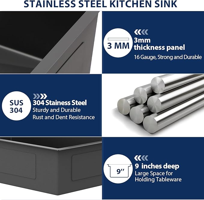 Lordear 33 Inch Drop In Black Kitchen Sink with Faucet Combo - 16 Gauge Stainless Steel 33x22 Single Bowl Black Drop In Kitchen Sink with All Accessories
