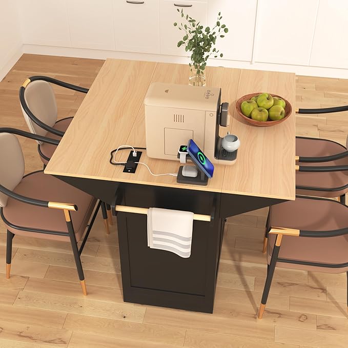 Modern Dining Table 55.7'' Large Kitchen Island with 2 Drop, Rolling Cart on 5 Wheels with Power Outlet, Folding Dining Table with Spice Rack, 3 Drawers, Counter,Black-MDF