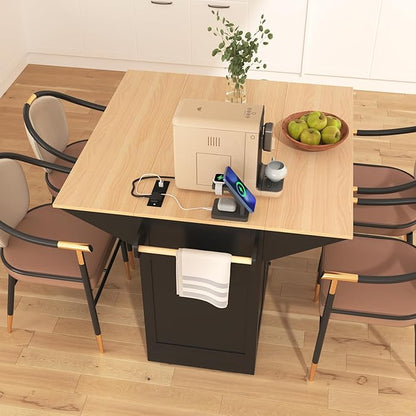 Modern Large Island With 2 Drop Leaf, Rolling Kitchen Cart on 5 Wheels With Power Outlet, Folding Storage Dining Table With Spice & Towel Rack, 3 Drawers, for Dining Room (Black@017)