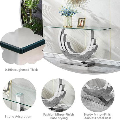HomVent 55.12" Glass Console Table, Living Room Entry Tables, Modern Narrow Silver Tempered Glass Top Side Tables Bedroom, Rectangle Bedside Eating Tables for Home Office with Stainless Steel Base