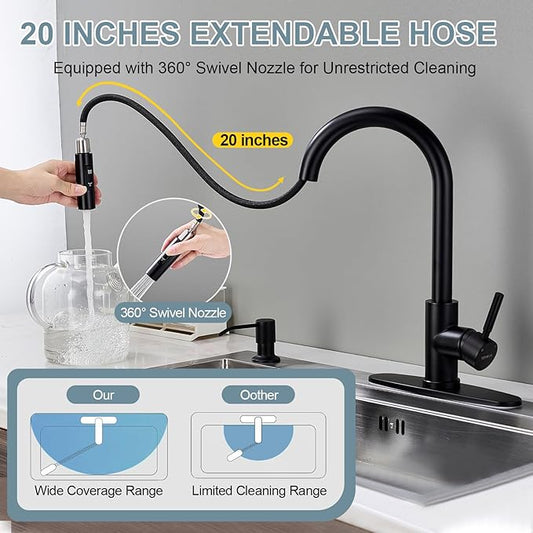 Kitchen Faucets with Soap Dispenser, Matte Black Single Handle High Arc Stainless Steel Sink Faucet with Pull Down Sprayer, 1 or 3 Hole Deck Plate Mount for Bar, RV, Laundry, Outdoor