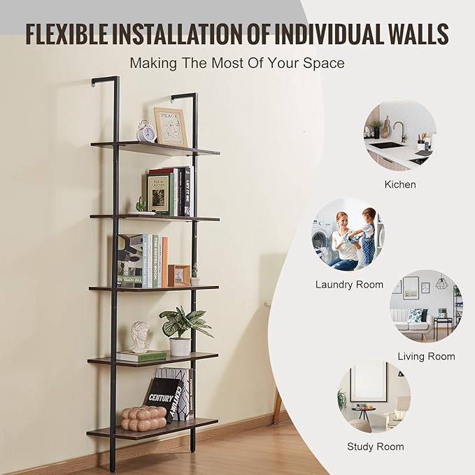 VEVOR Industrial Square Pipe Shelf, 5 Tier 17.3x11.8in, Wall-Mount Floating Rustic Wood Shelves Bracket Display Bookshelf,Storage Rack Sundries Holder for Kitchen Bedroom Bathroom Living Room, Black