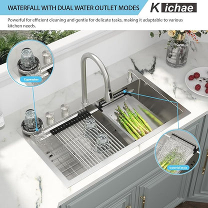 Kichae Drop In Kitchen Sink Waterfall - 33x19 Workstation Kitchen Sink Waterfall Stainless Steel 16 Gauge Luxury Handmade Single Bowl Drop Sinks with Glass Rinser
