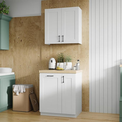 Homsee 30" W Modular Kitchen Pantry with Wall Cabinet, DIY Kitchen Cabinet Set Without Countertop, Modular Storage Cupboard with Trash Can Space & Shelf, Large Storage Set for Dining Room, White