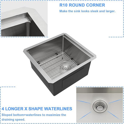 Lordear 15x17 Inch Undermount Kitchen Sink Bar Prep Sink 16 Gauge Stainless Steel Workstation Sink 15” With Cutting Board