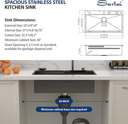 Sarlai 33 Inch Black Waterfall Kitchen Sink 33x19 Drop In Workstation Kitchen Sink Stainless Steel 16 Gauge Topmount Single Bowl Multifunctional Top Mount Sinks with Faucet Combo