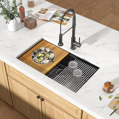 32x19 Black Undermount Kitchen Sink - Workstation 16 Gauge 304 Stainless Steel Single Bowl Under Counter Handmade Sinks with Mixing Bowl, Cutting Board, and Pasta Strainer #TLU-0043