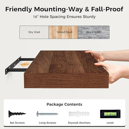 12 Inch Deep Floating Shelves, 16 x 12 Floating Shelf for Books, Rustic Wood Deep Wall Shelves for Home Storage & Display, 2" Thicked Shelves for Kitchen, Living Room, Bedroom, Walnut Color, 2 Pack