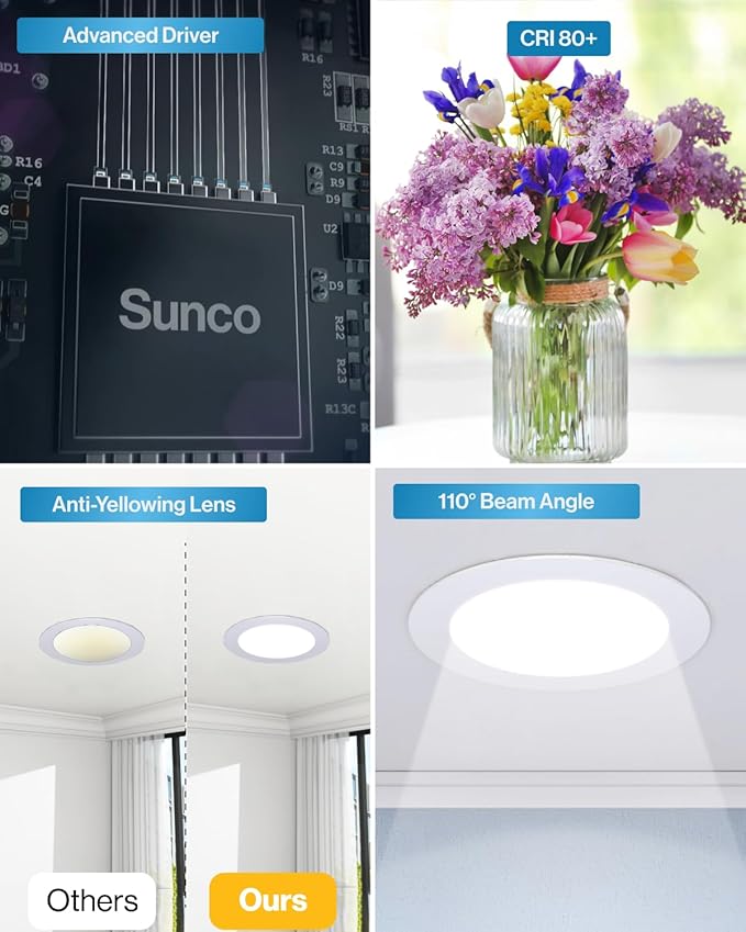 Sunco 24 Pack 4 Inch Ultra Thin LED Recessed Ceiling Lights Slim, High Brightness 800 Lumens, 2700K/3000K/4000K/5000K/6000K, Dimmable, 10W, Wafer Thin, Canless with Junction Box