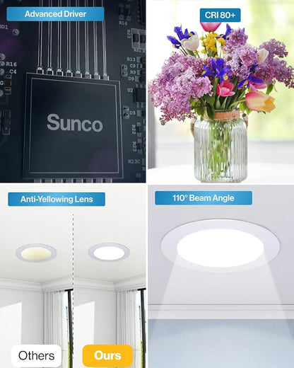 Sunco 24 Pack 4 Inch Ultra Thin LED Recessed Ceiling Lights Slim, High Brightness 800 Lumens, 2700K/3000K/4000K/5000K/6000K, Dimmable, 10W, Wafer Thin, Canless with Junction Box