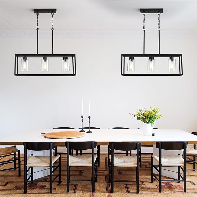 Black 3-Light Dining Room Light Fixture, Modern Farmhouse Chandeliers, Linear Rectangular Kitchen Island Lighting, Industrial Vintage Pendant Lighting with Clear Glass Shade Height Adjustable