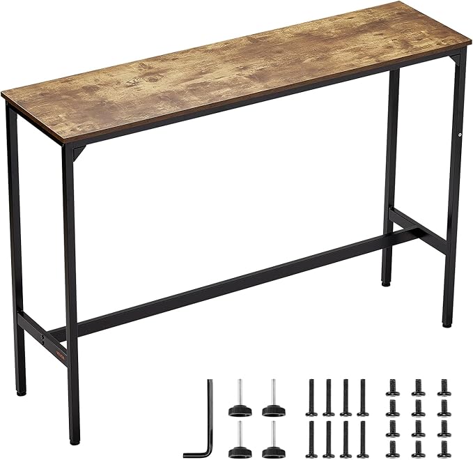 VEVOR Bar Table, Sturdy Metal Frame High Top Pub Table, Narrow Long Kitchen Dining, Cocktail Counter Bar Height Desk, Easy to Assemble, 55x15x39 in, for Living Room Party, Rustic Brown and Black