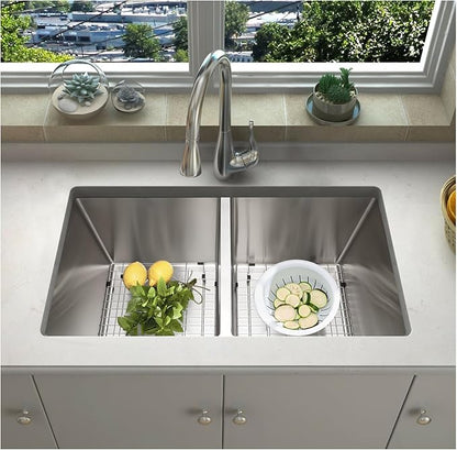 SANYCASA 33 Inch Double Bowl Kitchen Sinks with Quick Drain Slope - 11 Gauge (3mm) 304 Stainless Steel Undermount Kitchen Sink with Accessories