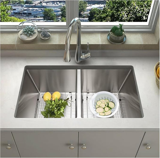 SANYCASA 33 Inch Double Bowl Kitchen Sinks with Quick Drain Slope - 11 Gauge (3mm) 304 Stainless Steel Undermount Kitchen Sink with Accessories