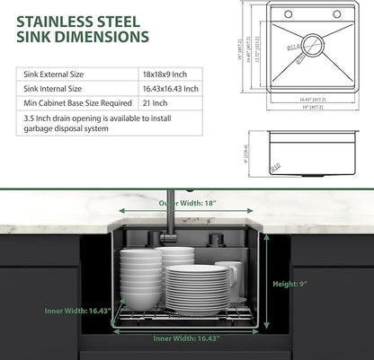 18x18 Inch Outdoor Sink Black Undermount RV Sink Workstation NANO PVD 16 Gauge Stainless Steel Single Bowl Handmade Outdoor Kitchen Sinks With Folding Faucet 18"x18"x9"