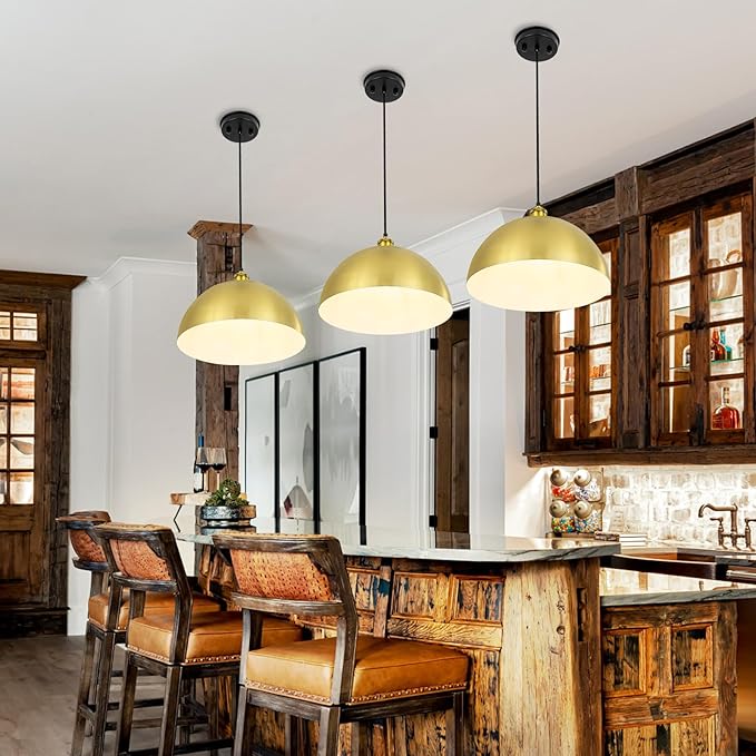 Gold Pendant Light, 12" Farmhouse Ceiling Light with Gold and White, Elegant Semi-Circular Shade Design, Adjustable Height Industrial Dome Pendant Lights for Kitchen Island, Dining Room
