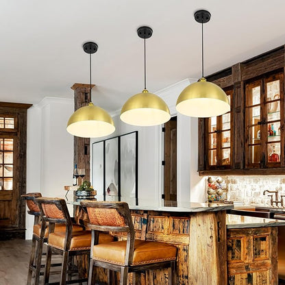 Gold Pendant Light, 12" Farmhouse Ceiling Light with Gold and White, Elegant Semi-Circular Shade Design, Adjustable Height Industrial Dome Pendant Lights for Kitchen Island, Dining Room