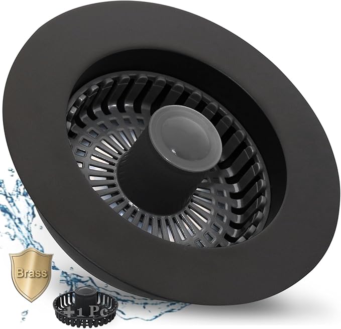 BAOLSLS 3 in 1 Kitchen Sink Stopper, Pop Up Kitchen Sink Drain Strainer, with an Extra Basket Strainer, Kitchen Sink Drain Stopper for US Standard 3-1/2 Inch, Brass Material Electroplate Black