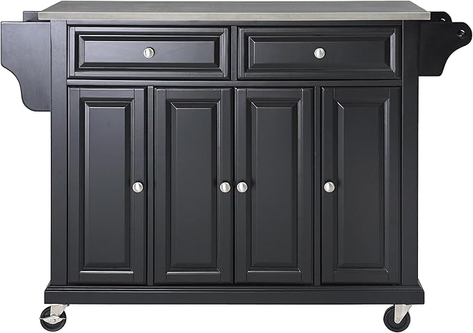 Crosley Furniture Full Size Stainless Steel Rolling Kitchen Island Storage Cart, Microwave Stand, Spice Rack, Black