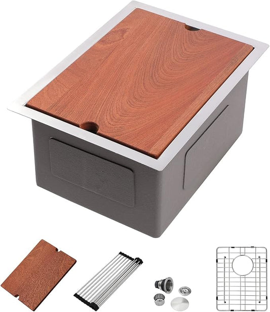 Dcolora 17 In. Undermount Bar Sink Single Bowl Workstation, Round Corner Stainless Steel Prep Sink for RV Camper, 16 Gauge, 17"x19"x10" #DC-U7735