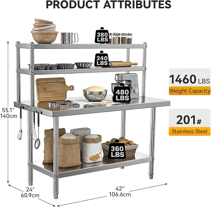 DWVO 42x24in Stainless Steel Table, NSF Metal Prep Worktable with Adjustable Overshelf for Kitchen Restaurant Hotel Garage Warehouse Home