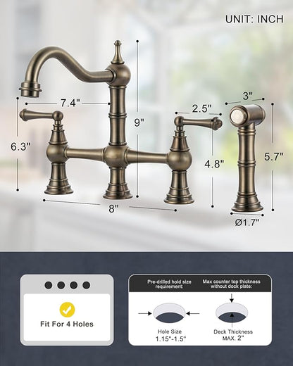 Bridge Kitchen Faucet with Side Sprayer, WOWOW Solid Brass Kitchen Faucet for Sink 4 Hole Antique Bronze Kitchen Sink Faucet, Two Handle 8 Inch Centerset Bridge Faucet Victorian Style